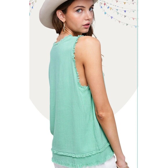 La Miel Tangerine Soft Washed Gauze Cut Edge V-Neck Top Color Green Size S - Picture 3 of 12